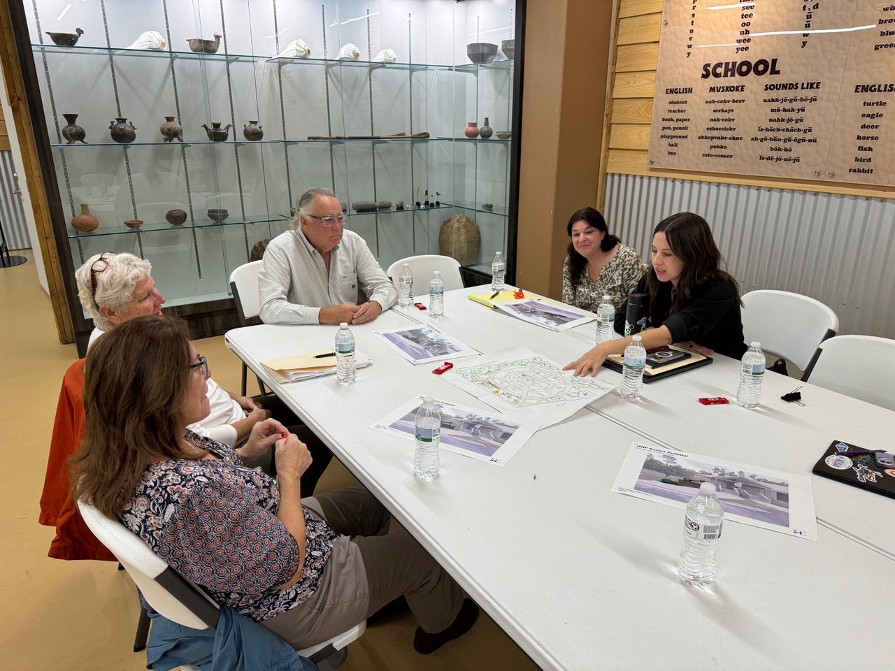A team of people sitting around a table looking at design plans